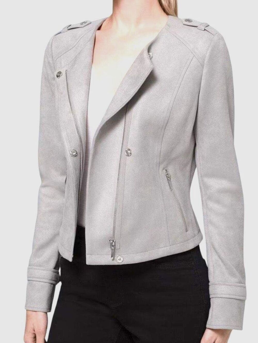 WHITE HOUSE BLACK MARKET Womens (M) Gray Faux-Suede Stretch Zip-Up Moto Jacket